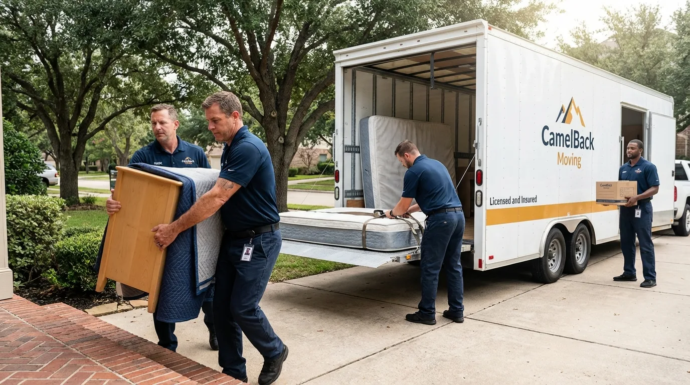 Crew loading residential truck for cross-state move from Marshall, MI