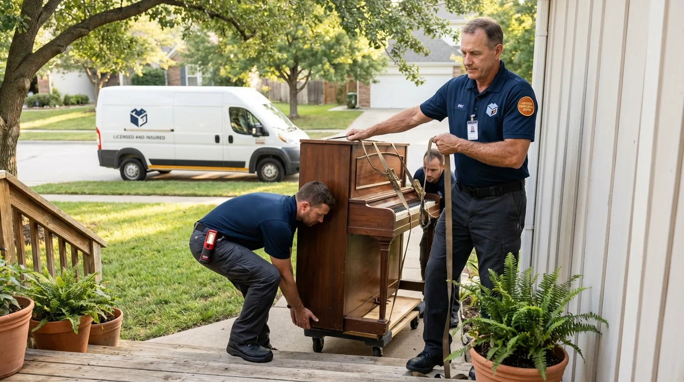Licensed piano movers securing grand piano in Marshall, MI
