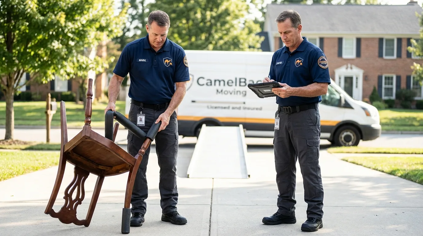 Movers inspecting furniture for damage prevention before loading in Marshall, MI