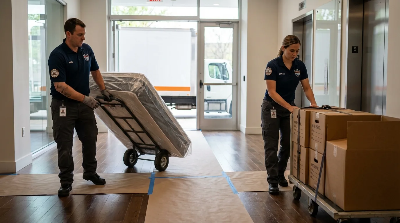 Professional apartment movers loading elevator in Marshall, MI