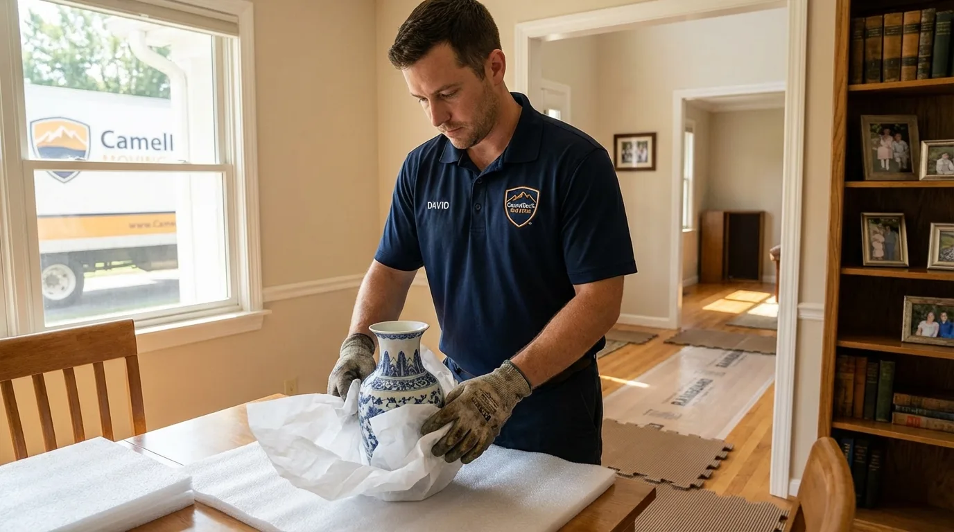 Professional crew carefully wrapping antique vase for senior downsizing move in Marshall, MI