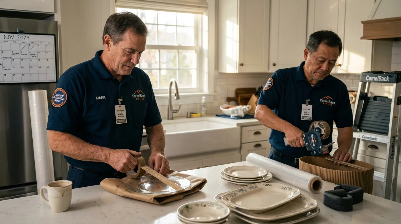 Professional crew packing kitchen dishware in Marshall, MI